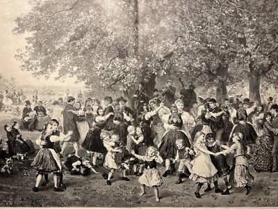 Antik Illustration 1893 FEST MUSIKANTEN KINDER ABBILDUNG Kunstdruck Holzschnitt - Bild 1 von 4