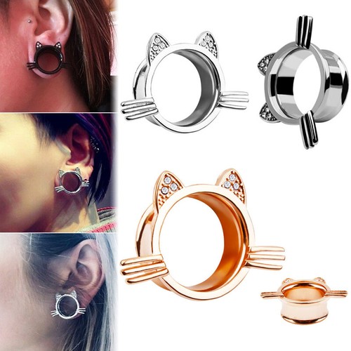 1 Pair Crystal Lovely Cat Ear Plug Flesh Tunnel Single Saddle Flared Stretcher - Picture 2 of 11