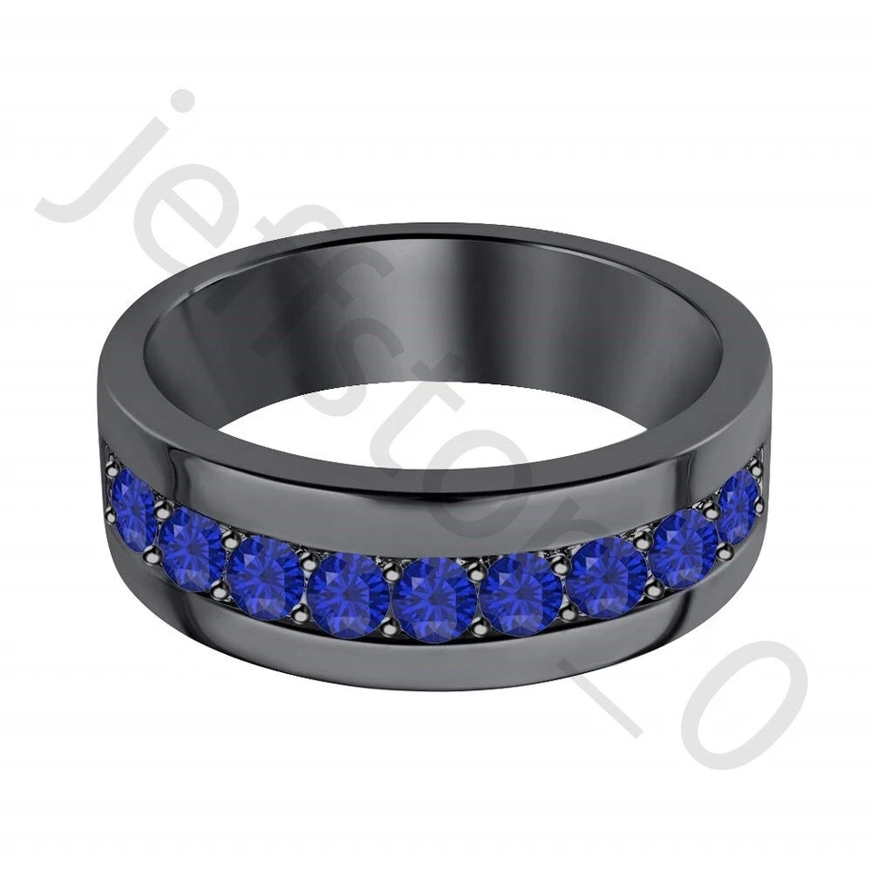 Alianza de boda enchapada en oro negro de 14 quilates con zafiro azul creado en laboratorio de 0,45 quilates para hombre Foto 2 de 4