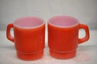2 VINTAGE RED STACLABLE FIRE KING COFFEE MUGS ONE WITH SCRATCHES