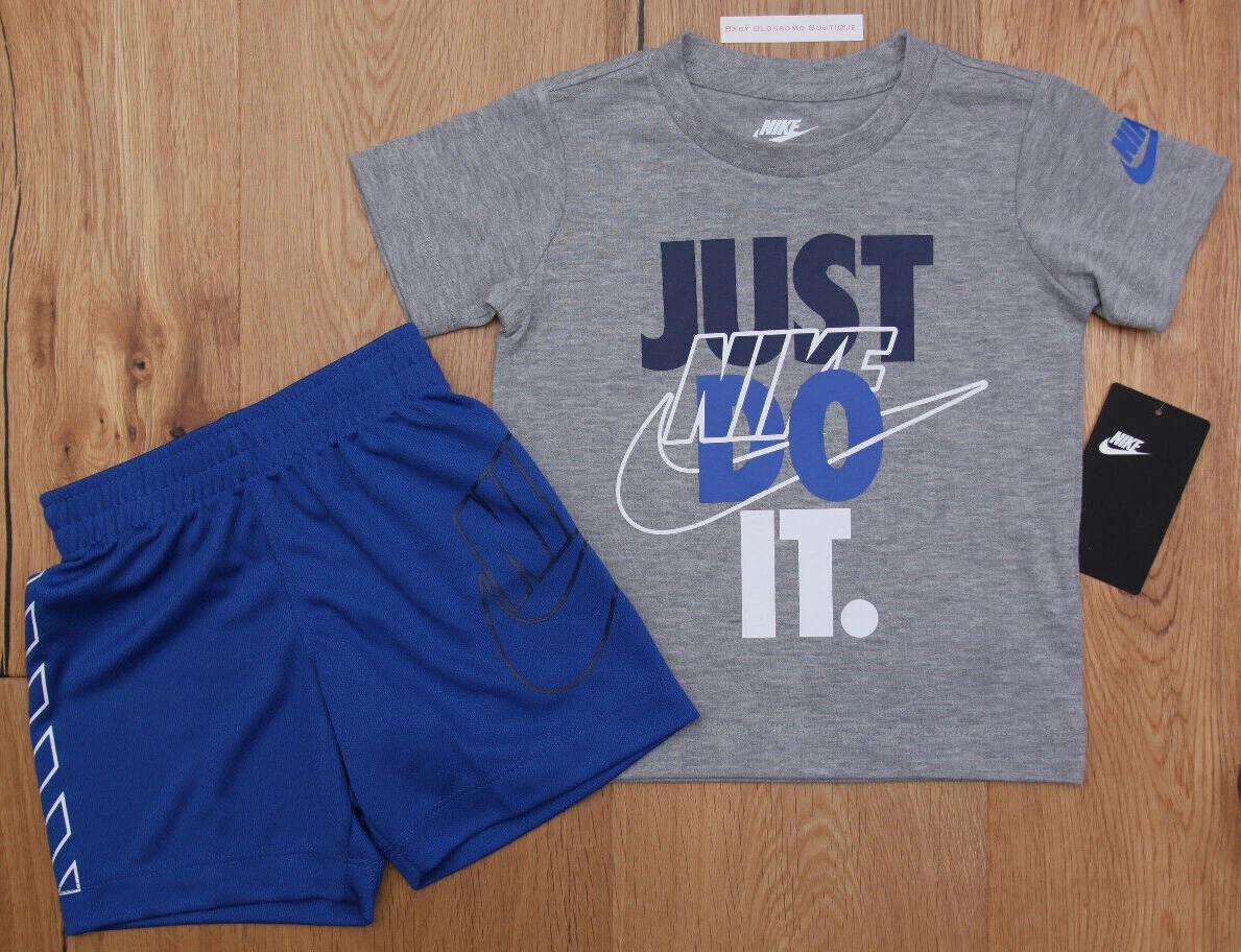 Nike Boy 2 Piece Shirt & Shorts Set ~ Gray, Blue & White