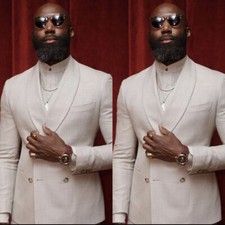 Linen 2 Pcs Men's Suits Summer Wear Shawl Lapel Double Breasted Formal Tuxedos