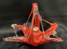Vintage Murano Hand Blown Art Glass Basket Red Clear Split Handle Basket Vase