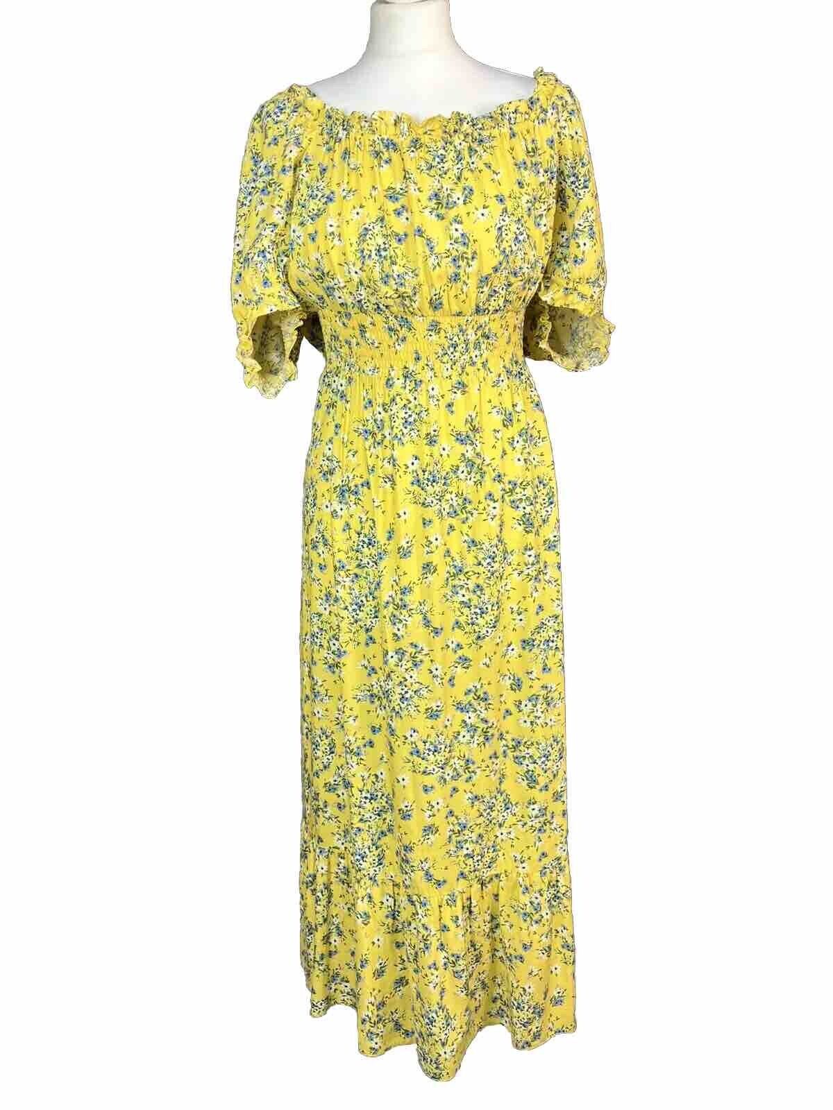 M&Co Yellow Midi Dress UK 16 Floral Bardot Shirred Boho Gypsy Peasant Summer