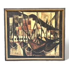 John Haymson Cubist Original Oil Painting Foros Harbor Boat 39in Mid-Century Art