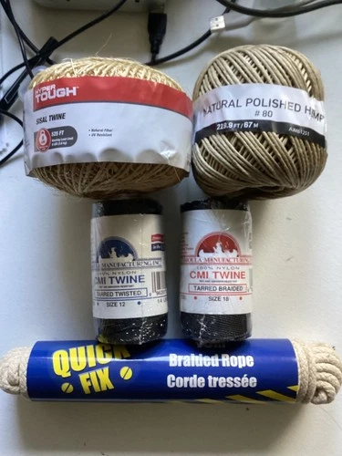Lot of rope, high-quality twine, hemp twine, misc. cordage, and work gloves