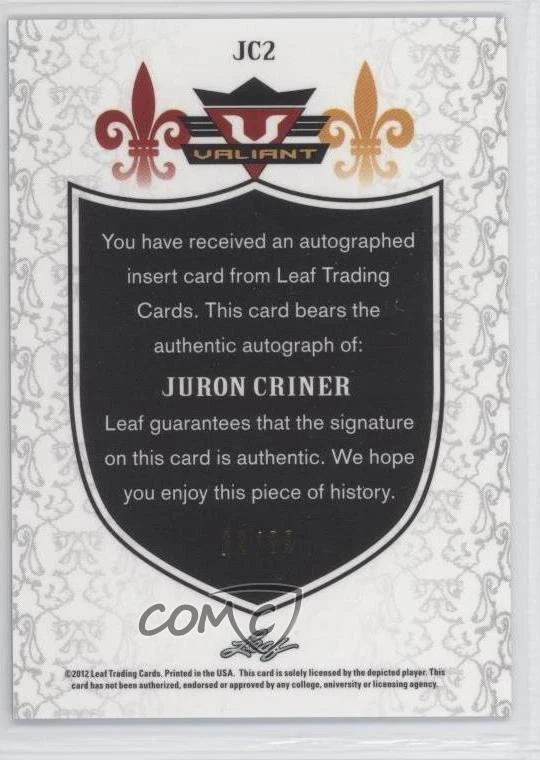 2012 Leaf Valiant Blue /99 Juron Criner #JC2 Rookie Auto RC - Image 2 of 2