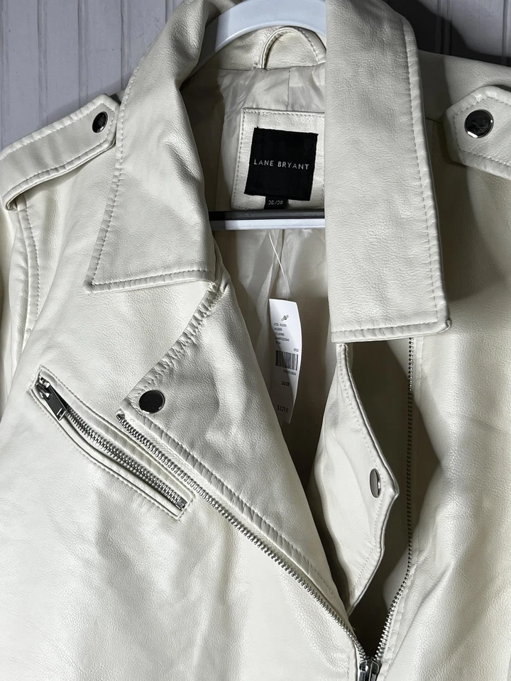 Chaqueta Lane Bryant Mujer 26/28 Marfil Imitación Cuero Motociclista Asym Cremallera Talla Grande Foto 3 de 4