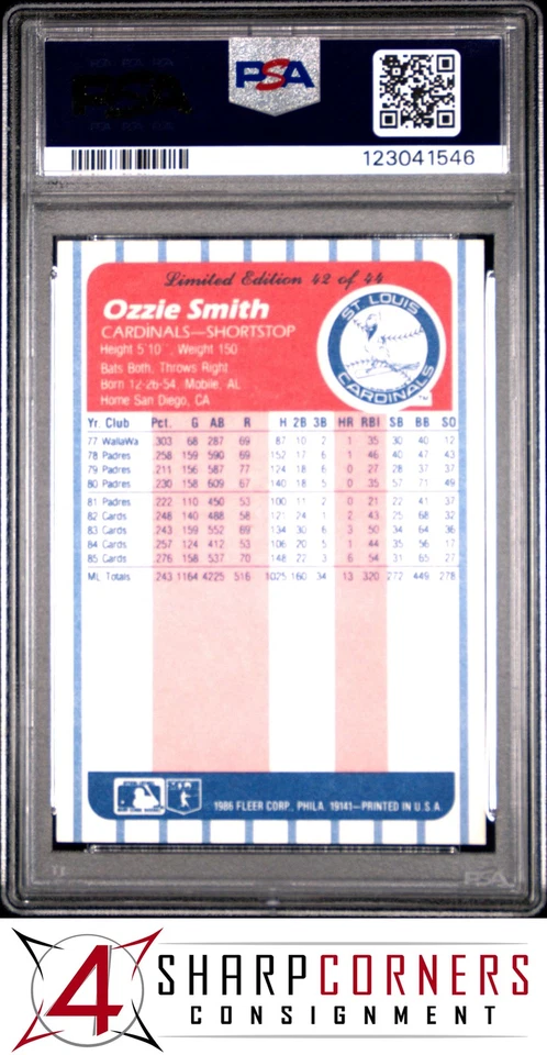 1986 FLEER LEAGUE LEADERS #42 OZZIE SMITH CARDINALS HOF PSA 10 - Image 2 of 3