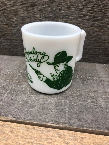 Vintage 1950’s Hopalong Cassidy White Milk Glass Cup Mug Green Western