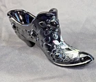 Fenton ebony black cat shoe decoirated w/ white flowers  cabbage rose