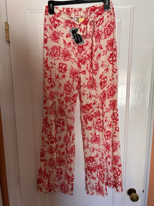 Dizzy Gal Women's Pink/Red White Floral Print Rayon Elastic Waist Pants Size S