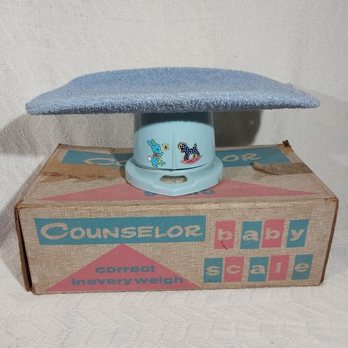 Vintage 1950's Counselor Baby Scale Baby Blue Metal With Original Box and Cover