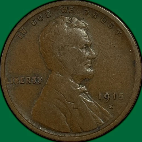 1915-S Lincoln Wheat Cent Fine F Coin, Corrosion #35048