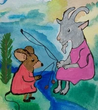 GAT Expressionism Original Painting 4x6  Whimsical Animals Goat Mouse Fishing