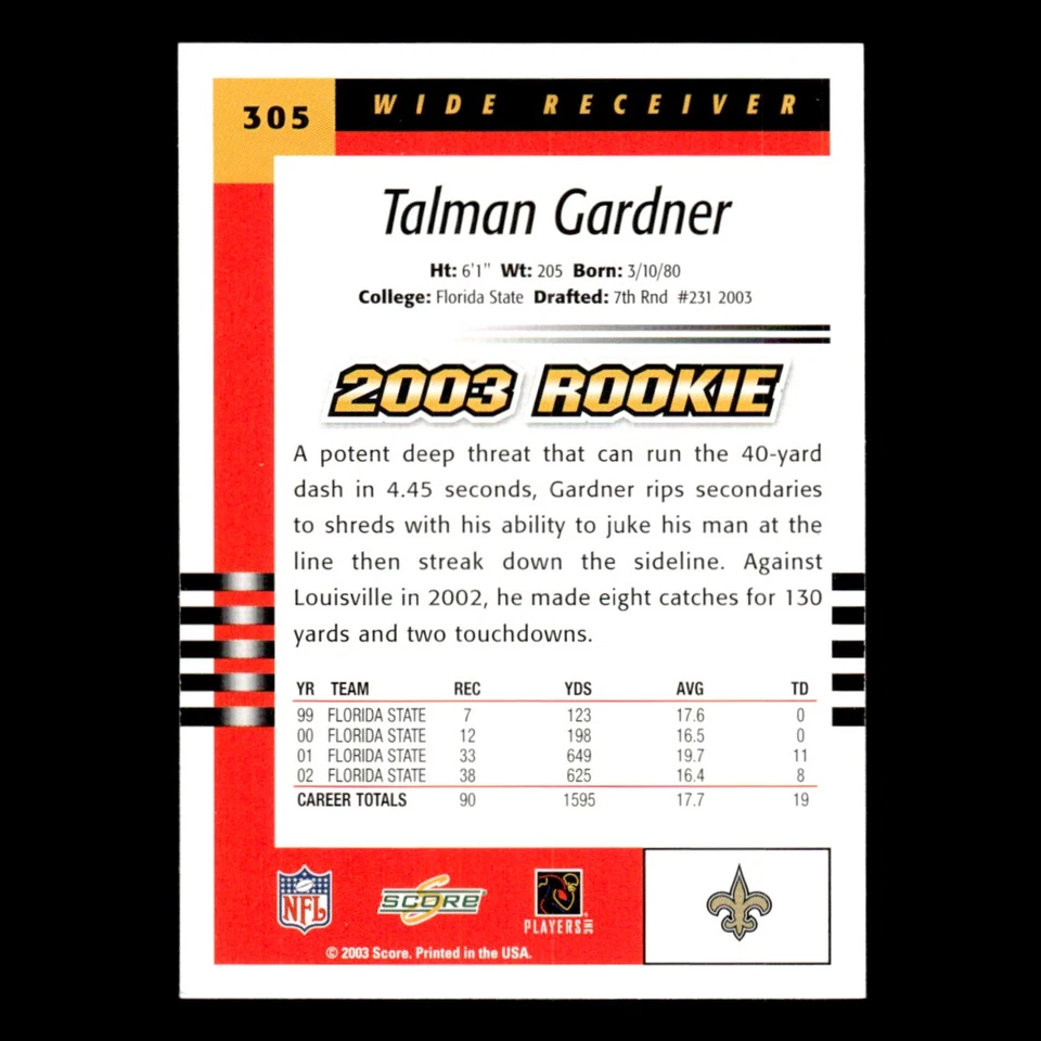Talman Gardner Rookie #305 2003 Score New Orleans Saints Football Card NFL NM - Image 2 of 3
