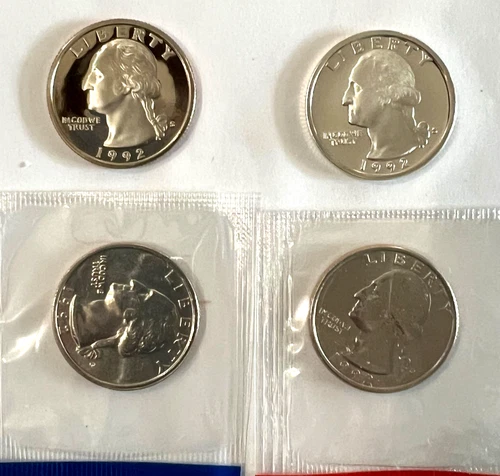 1992 P D S  S WASHINGTON QUARTER  In Cello + SILVER & CLAD Proof  (4 COINS)