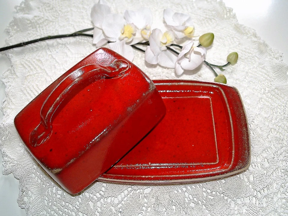 Butterdose getöpfert rote Keramik Butterglocke Handarbeit Töpferei Geschenk - Bild 2 von 4