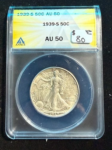 1939 S WALKING LIBERTY HALF DOLLAR ANACS AU 50