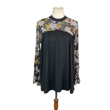 Signature Studio Womans Floral Semi Sheer Sleeve Blouse Size L Black Boho 