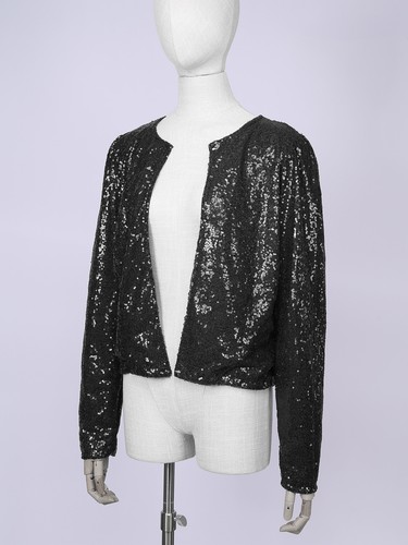 Womens Glitter Sequin Open Front Long Sleeve Cardigan Jacket Cropped Bomber - Picture 23 of 105