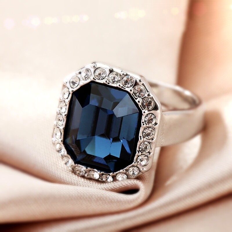 18K White Gold Filled Made With Swarovski Crystal Emerald Cut Blue