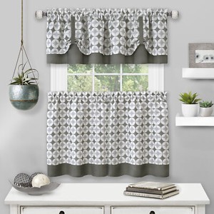 Gray Geometric Plaid Circles Kitchen Window Curtains With Cuff Tab Top Panel Ebay