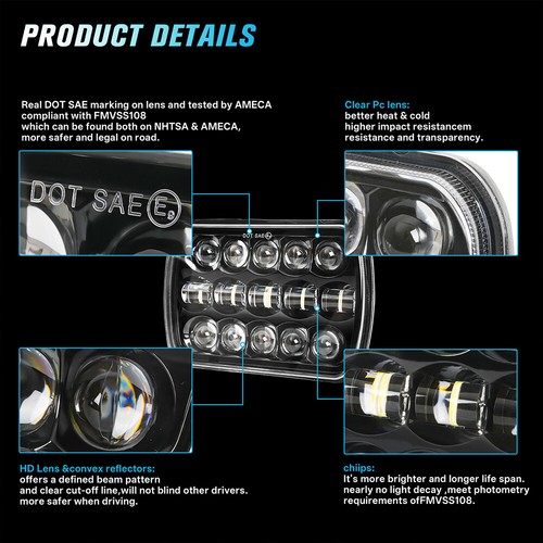 2pcs 110W For Peterbilt 379 2x 5X7 7x6 inch LED Headlight lamp High Low Beam DOT - Picture 4 of 16