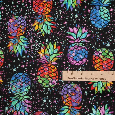 TIMELESS TREASURES Pineapples on Black Midnight Tropical Fruit Pina Cotton Fabric 1/2 Yard #C7948