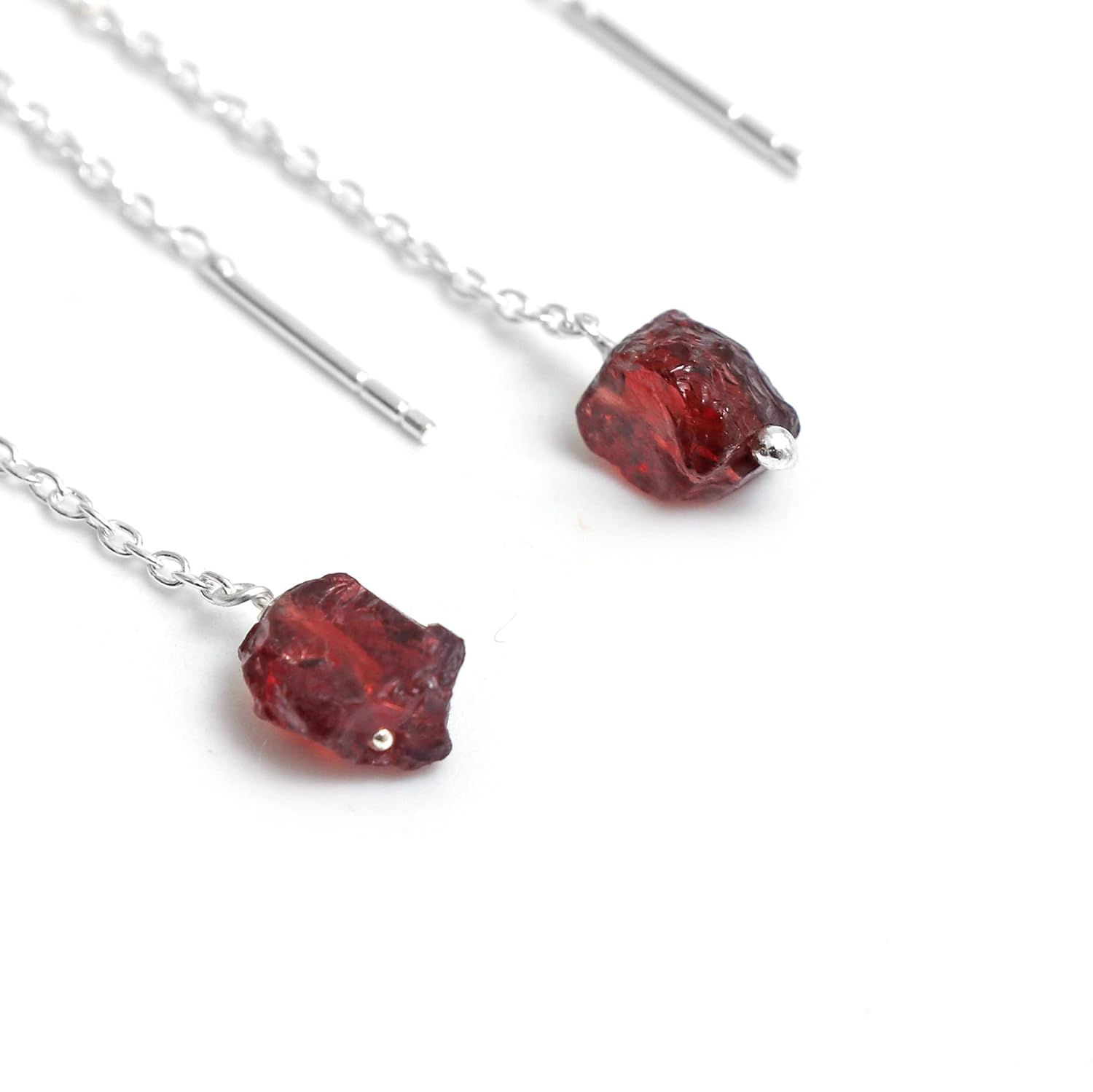 Raw Red Garnet Dangle Pull-Through Earrings with Rough Stone and Tassel Detail
