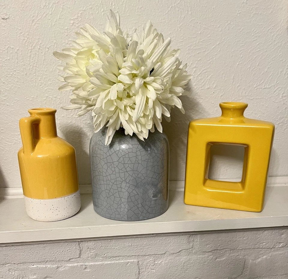 Juego de 2 jarrones cuadrados de cerámica amarilla rústica decoración del hogar minimalista nórdico boho Foto 4 de 4