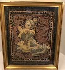 Vintage Thai Buddha Rama 3D Puffy Fabric Beaded Stitched Framed Art Thailand