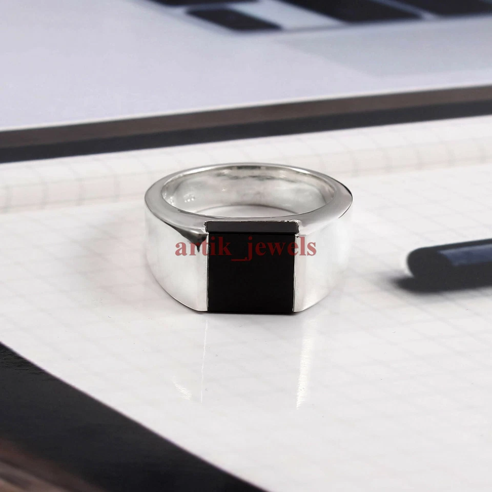 Anello In Argento Sterling 925 Con Gemma In Onice Nero Naturale Per Uomo #5820 - Immagine 2 di 4