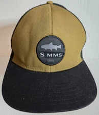 SIMMS Trout Fishing Patch Blue Mesh Snapback Trucker Hat - Missing "i" in SIMMS