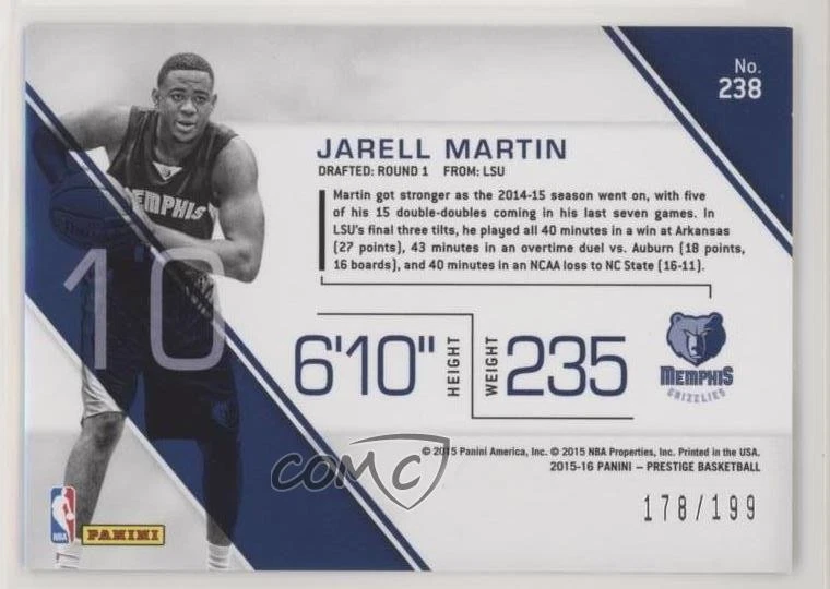 2015 Panini Prestige Rookies Bonus Shots Red /199 Jarell Martin #238 Rookie RC - Image 2 of 2