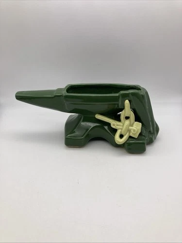 Vintage 1953 McCoy Pottery Green Anvil with Hammer & Chain Planter U.S.A