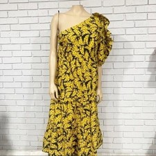 FARM Rio Black & Yellow Spotted Midi Dress One Shoulder “Black Spotted Bananas”