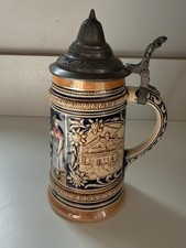 Vintage German Beer Stein Tankard Mug with Pewter Embossed Lid