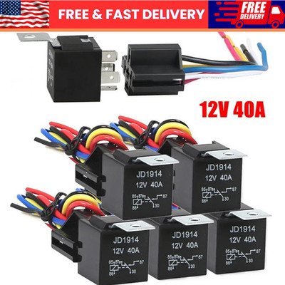 5 Pack 12V 30/40 Amp 4-Pin SPST Automotive Relay with Wires & Harness Socket Set