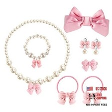 Handmade Bow Pearl Kids Jewelry for Little Girls Toddler Set of 8 pcs - Pink