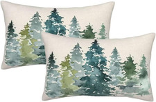 Watercolor Dark Green Tree Pillow Covers 12 X 20 Inch Set of 2, Nature Themed Ch