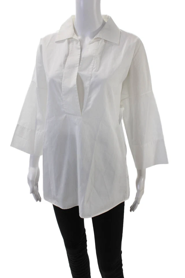 Camisa Akris Punto Mujer Manga 3/4 Cuello en V Blanca Algodón Talla 8 Foto 2 de 4