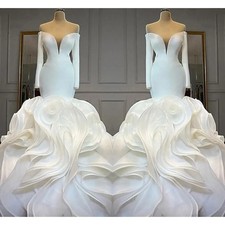 Customize Mermaid Wedding Dresses Off Shoulder Long Sleeves Cascading Ruffles