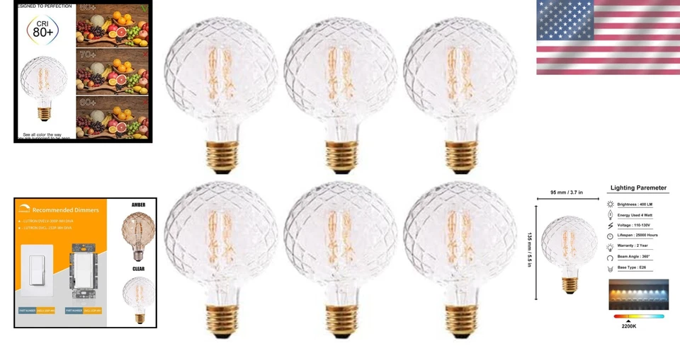 Warm White G30 Pineapple Shaped LED Bulbs - 4W Edison Style for Vintage Touch - Image 2 of 4