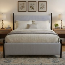 Rubberwood Upholstered Bed Frame for King Bed, High Headboard, Sturdy & Silent
