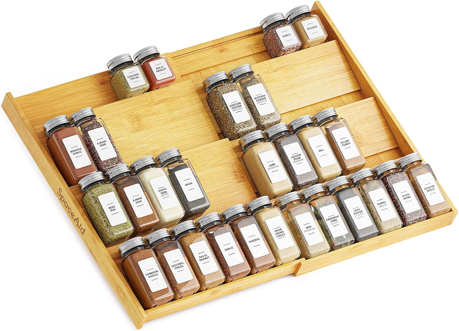 Expandable Bamboo Spice Drawer Organizer 4 Tier Rack Kitchen Storage 12-23"