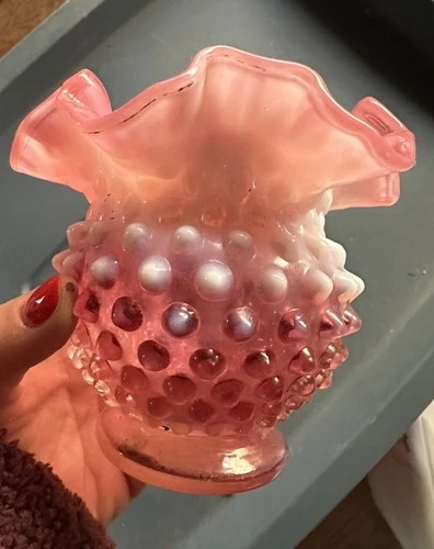FENTON Cranberry OPALESCENT Hobnail RUFFLED Vase