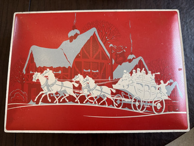 lg Red Christmas Tin Box Nabisco Cookies Biscuit Crackers Metal Horse Carriage
