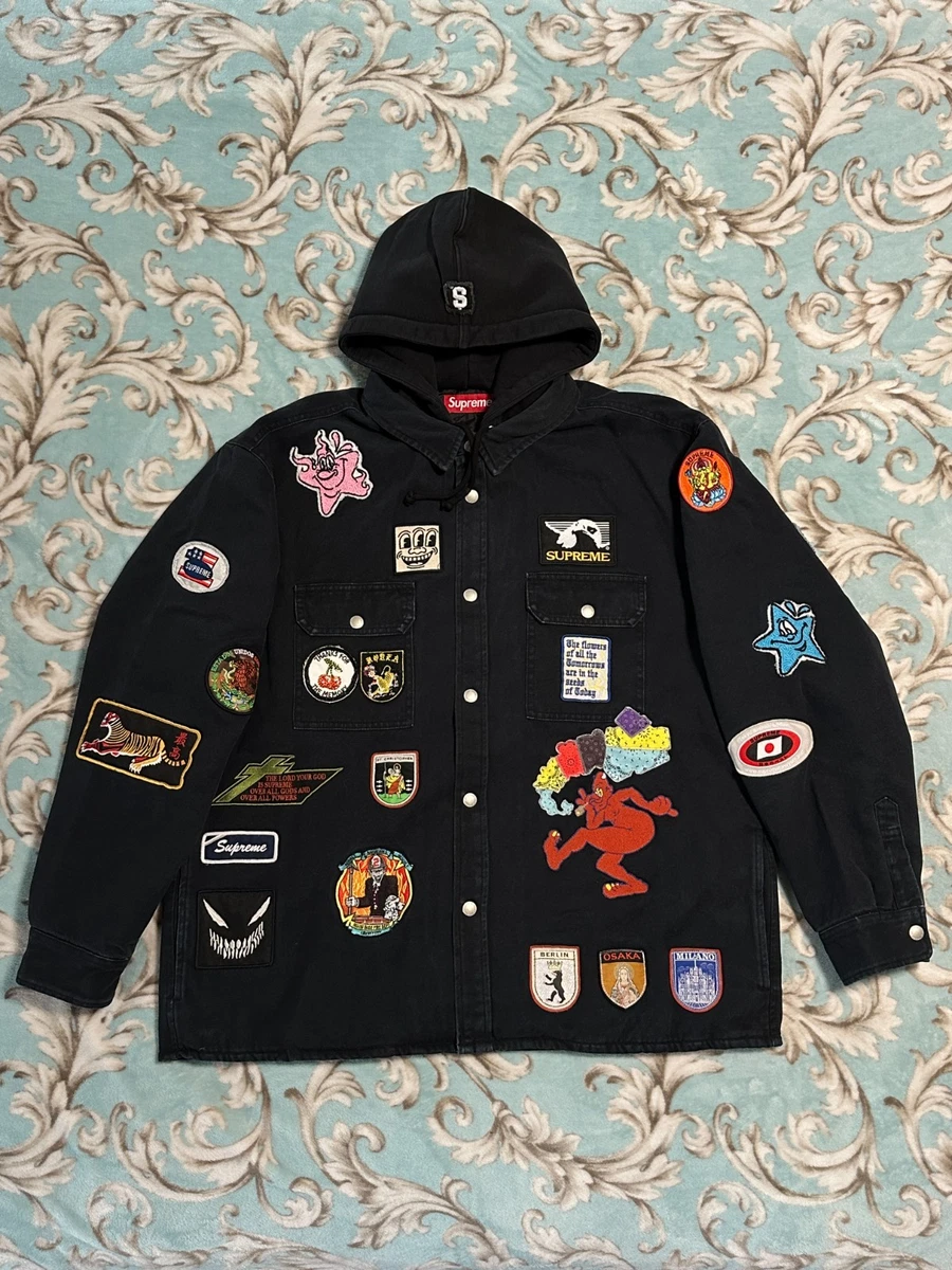 SUPREME PATCHES HOODED ZIP UP SHIRT (LARGE) (BLACK) SS25 PATCHES 6