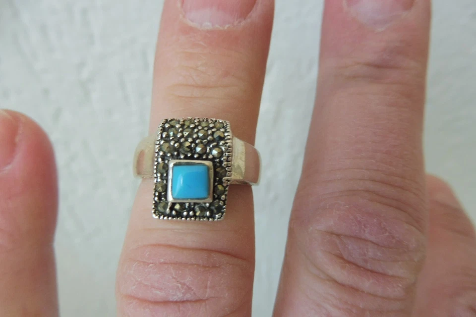 Bel Vecchio Anello In Argento, Argento 925 Con Turchese E Marcasite - Immagine 4 di 4